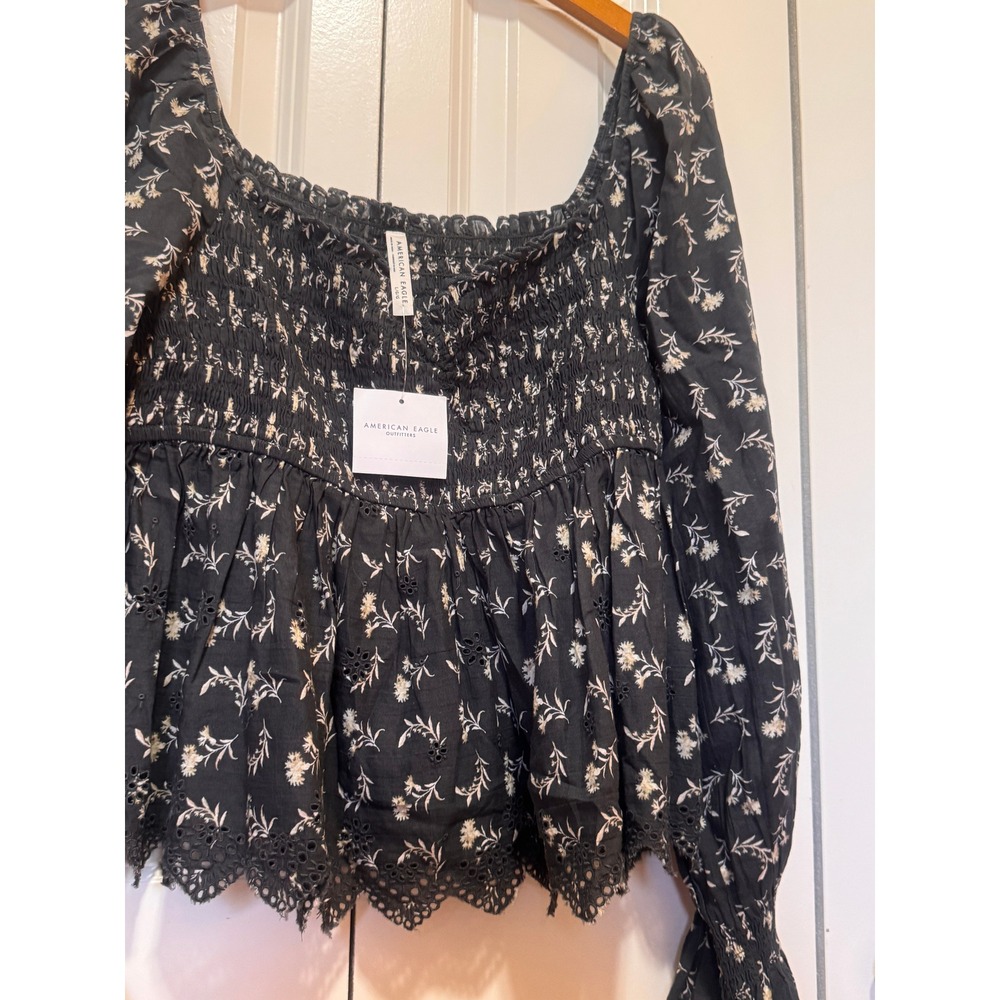 American Eagle Floral Smocked Peplum Top Black Eyelet Lace Long Sleeve NWT L